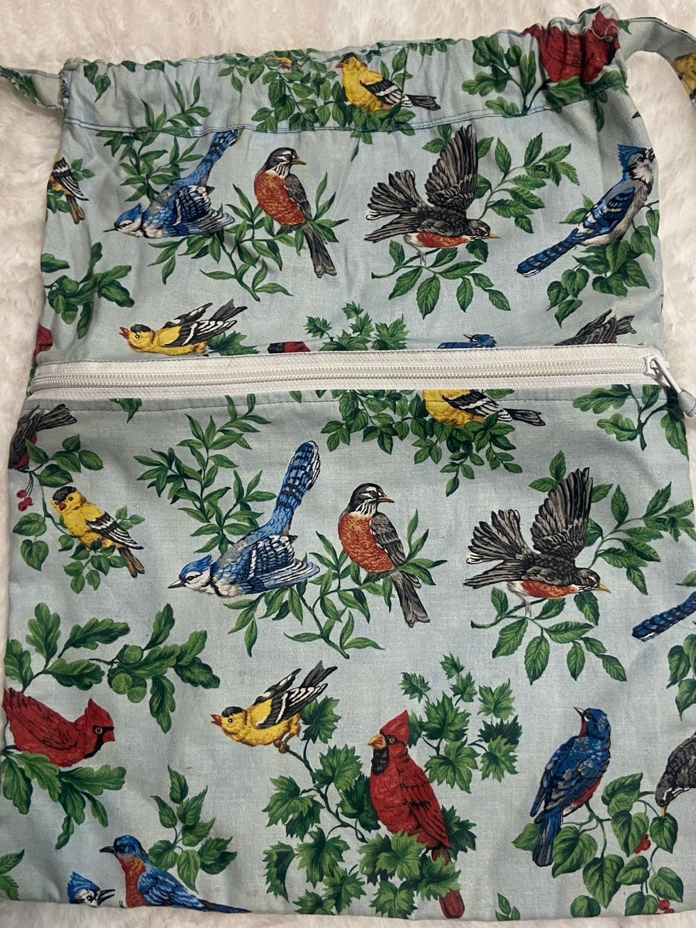 Stitches Bird-Print Drawstring Pouch in Blue, Green, Red, Yellow